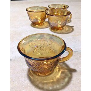 Set Of 4 Vintage Indiana Glass Marigold Iridescent Peach Grape Vine Tea/Coffee/P